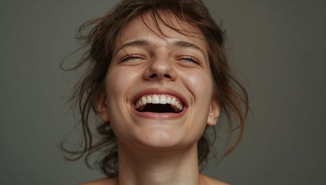 Joyful young woman laughing with head thrown back, natural closeup portrait, bare shoulders