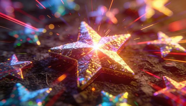 Glittering metallic star ornament reflecting warm light with iridescent glitter bokeh