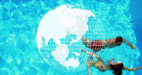 Couple floating in turquoise pool with white globe overlay, aerial summer concept