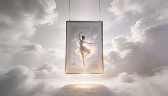 Framed ballerina floating among clouds with glowing wings and ethereal light