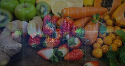 Fresh Strawberries, Carrots and Kiwi with Financial Data Overlay for Food Market Trends