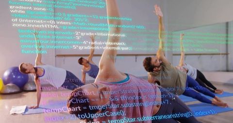 Group practicing side-plank in studio, code overlay blending fitness and technology