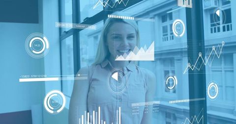 Businesswoman interacting with ar dashboards on office window analyzing data trends