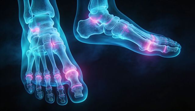 Transparent skeletal feet showing inflamed joints 3d medical anatomy visualization