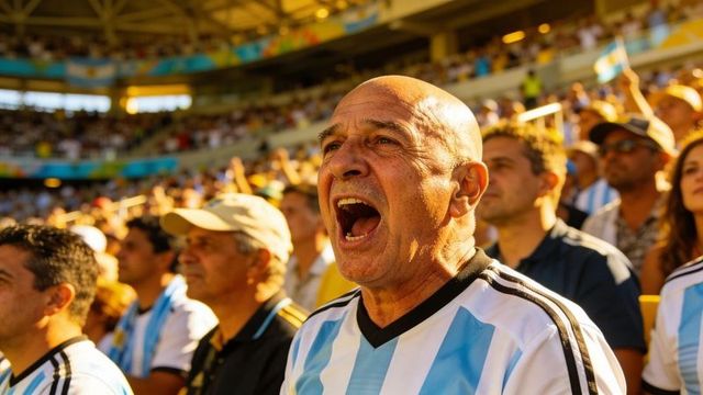 Shouting hispanic football fan wearing argentina jersey cheering in sunny stadium crowd