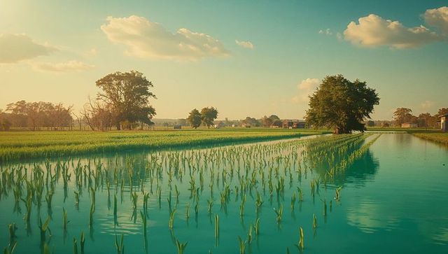 Serene rural landscape with rice seedlings and reflection