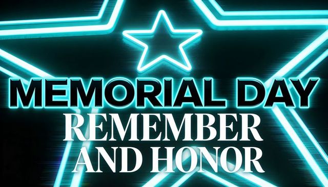 Neon cyan star memorial day poster remember and honor bold typography tribute