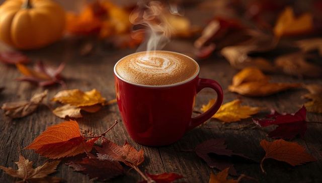 Steaming Latte in Red Mug with Autumn Leaves and Pumpkin Décor