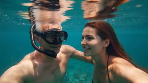 Couple snorkeling and smiling underwater in turquoise ocean capturing romantic moment