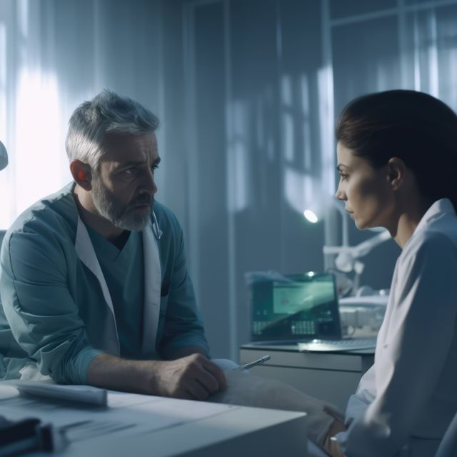 Sad caucasian male and female surgeons talking in office, created using generative ai technology. Medicine, healthcare, digitally generated image.