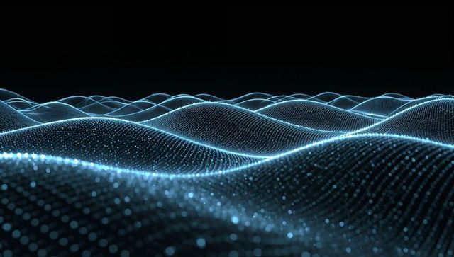 Glowing particle mesh forming rolling digital waves with neon bokeh, grid points