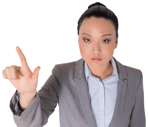 Asian businesswoman pointing finger with focused expression, transparent background