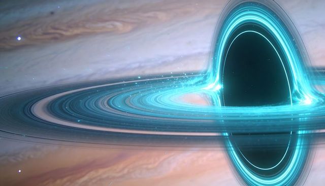 Glowing Teal Black Hole with Luminous Accretion Disk and Photon Ring Over Banded Planet