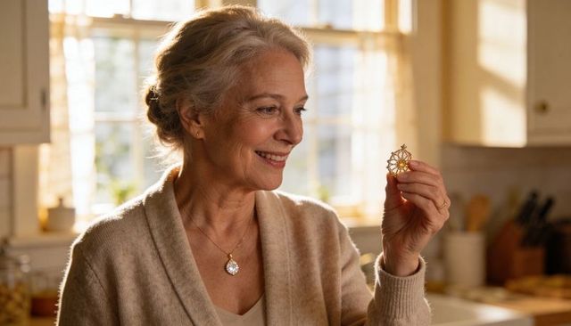 Senior woman admiring heirloom gold pendant in sunlit kitchen, serene cozy jewelry moment