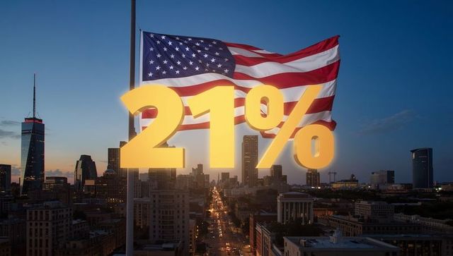American flag over cityscape with illuminated 21% symbol