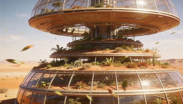 Futuristic glass dome greenhouse tower rising in desert with tiered sustainable gardens