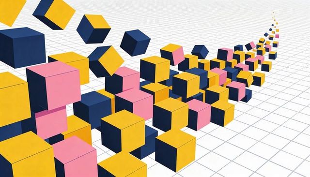 Geometric abstract cubes forming diagonal flow on grid toward vanishing point in yellow pink navy