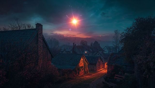 Glowing Star Illuminates Quaint Village at Twilight