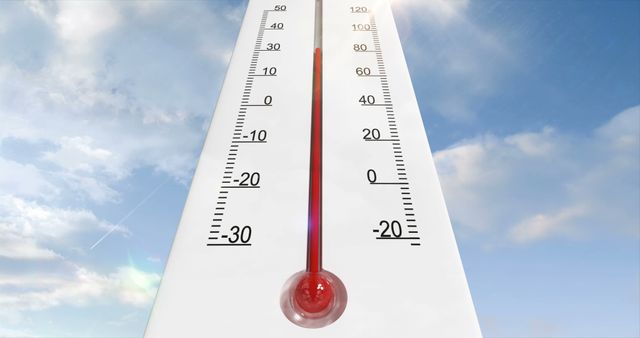 Thermometer displaying high temperature with clear blue sky background. Ideal for use in weather forecasts, climate change discussions, heatwave alerts, summer promotions, and educational materials related to temperature and meteorological conditions.