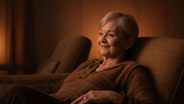 Serene senior woman reclining in warm armchair, cozy evening portrait for wellness