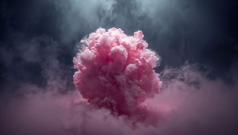 Rising sculptural pink smoke plume filling dark studio with moody fog and ethereal vapor