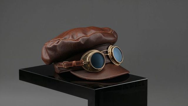 Vintage leather cap with steampunk goggles on display