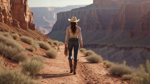 Desert cowgirl in attire on canyon trail adventure