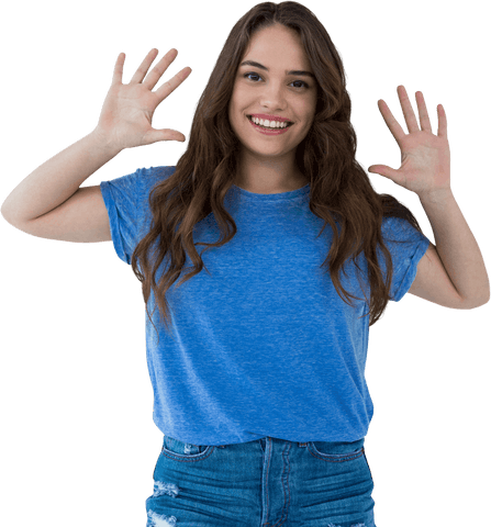 Young Woman Smiling with Raised Hands on Transparent Background