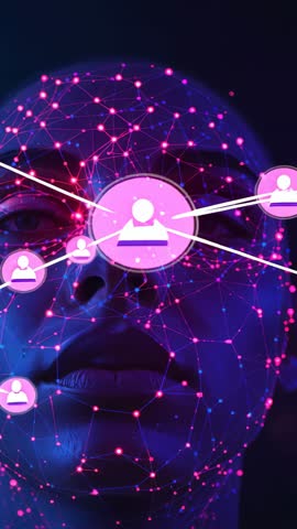 Connecting User Icon Radiating Neon Facial Mesh Network in Vertical Tech Video Loop