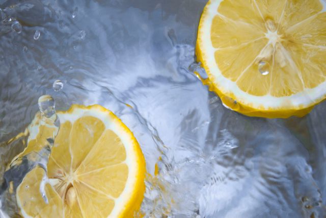Close-up of two lemon slices splashing in water, creating a refreshing and aquatic visual effect. Suitable for use in food and beverage advertisements, healthy lifestyle promotions, culinary blogs, or social media posts highlighting freshness and hydration.