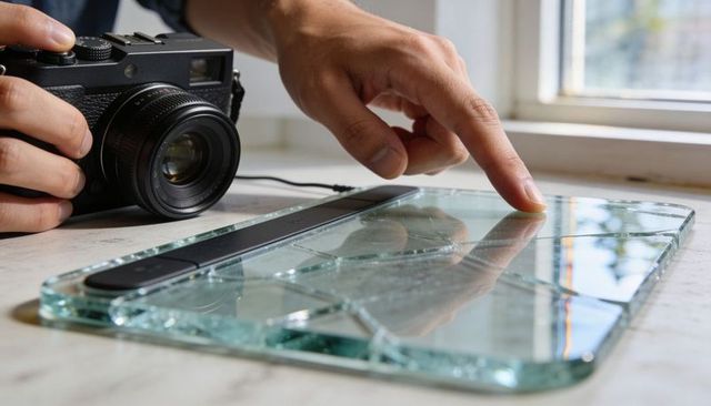 Inspecting cracked glass digital scale while touching fracture and documenting damage with retro cam