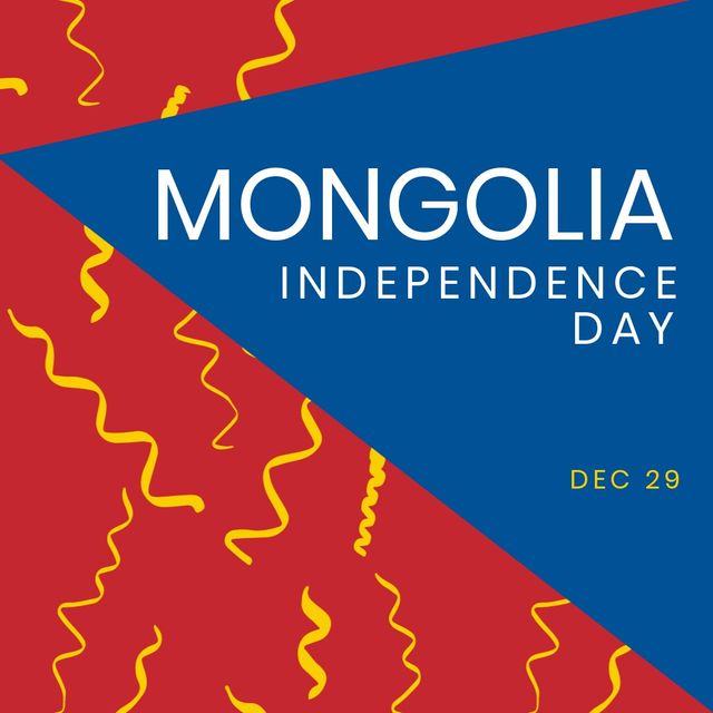 Illustration of mongolia independence day and dec 29 text with scribbles on blue and red background. Yellow, vector, copy space, patriotism, celebration, freedom and identity concept.