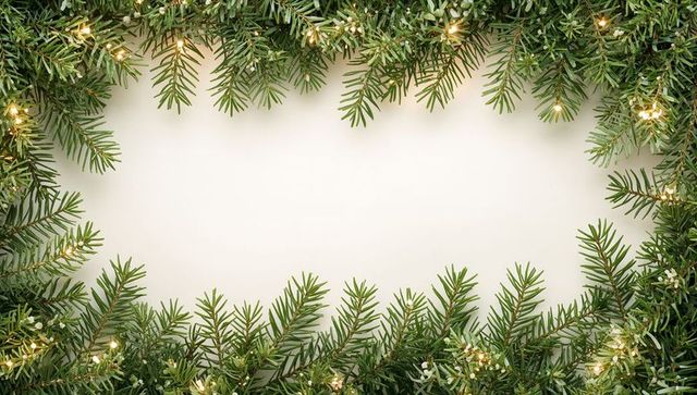 Holiday Fir Garland Framing Cream Center with Warm White Lights and Small White Berries