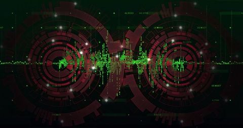 Neon Green Waveform Linking Dual HUD Rings on Futuristic Cyber Data Display