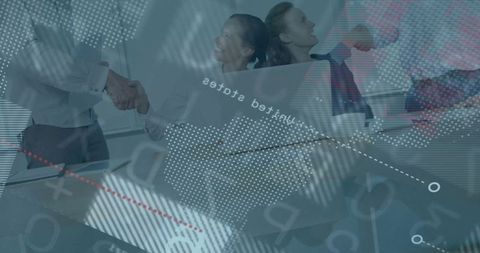 Business Colleagues Engaging in Handshake amidst Global Map Overlay