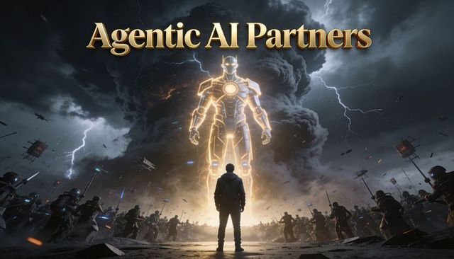 Agentic ai partners: hooded figure facing giant glowing ai mech on stormy battlefield