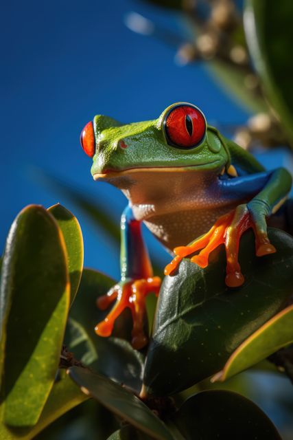 Close-up of red-eyed tree frog sitting on a green leaf against a bright blue sky background. Suitable for educational materials on amphibians and rainforests, nature blogs, conservation awareness campaigns, and artistic wall prints.