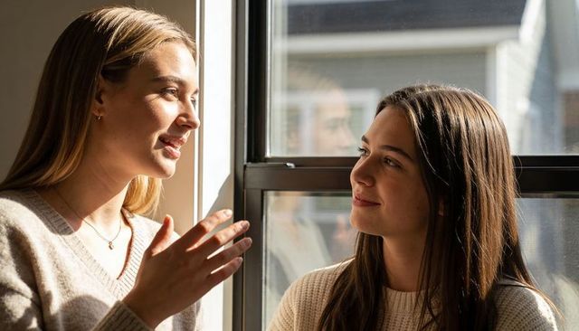 Two Young Women Sharing Warm Conversation by Sunlit Window in Cozy Knit Sweaters