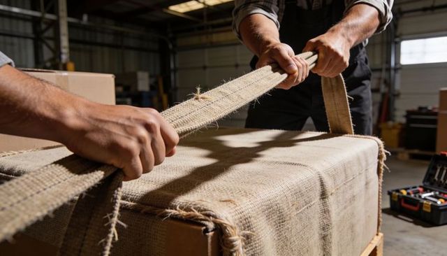 Warehouse workers tightening frayed strap around burlap-wrapped crate for secure pallet shipping