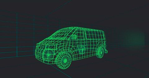 Futuristic wireframe van model in virtual 3d space