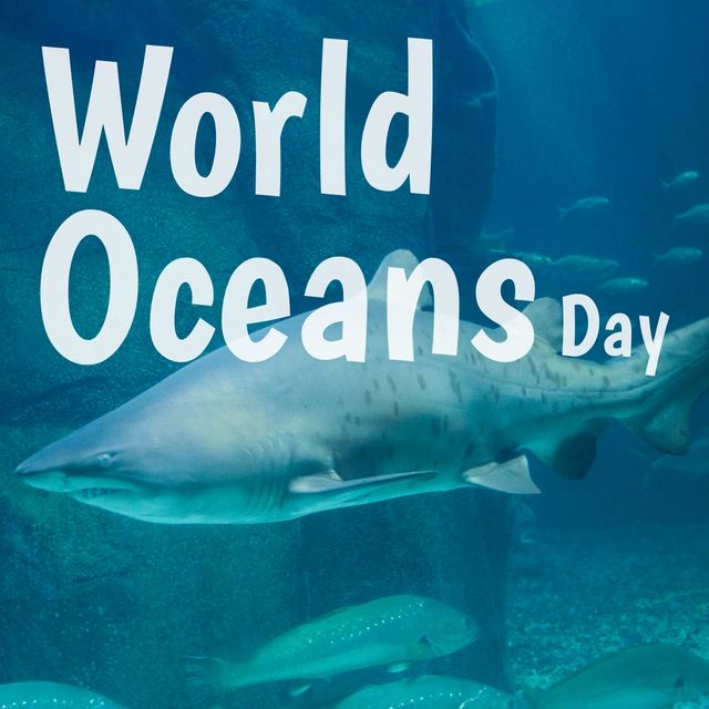 This image features an underwater scene with a shark and various fish to promote World Oceans Day. Ideal for educational materials, conservation campaigns, social media posts raising awareness about marine conservation and ocean health.