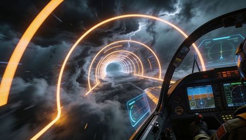 Pilot steering through neon ring tunnel over storm clouds, futuristic hud cockpit view
