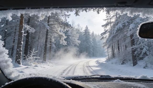 Driving through snow-covered pine forest at sunrise through frosted windshield
