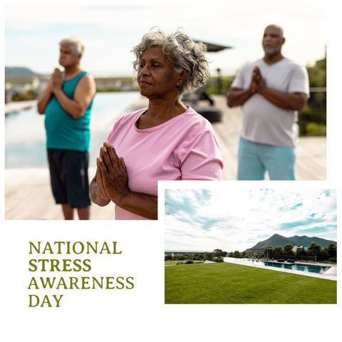 Seniors practicing yoga outdoors on national stress awareness day