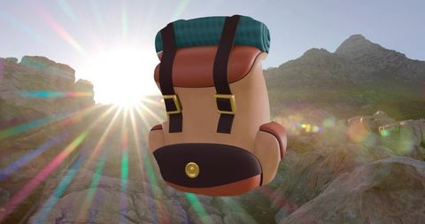 Floating cartoon hiking backpack over rocky mountain valley at sunset with lensflare