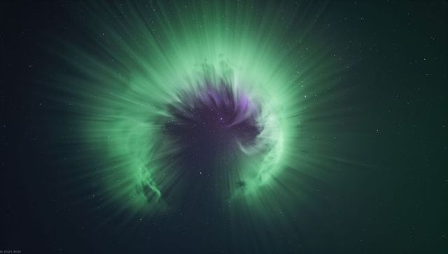 Radiating Green and Violet Aurora Ring Glowing Over Dark Starfield