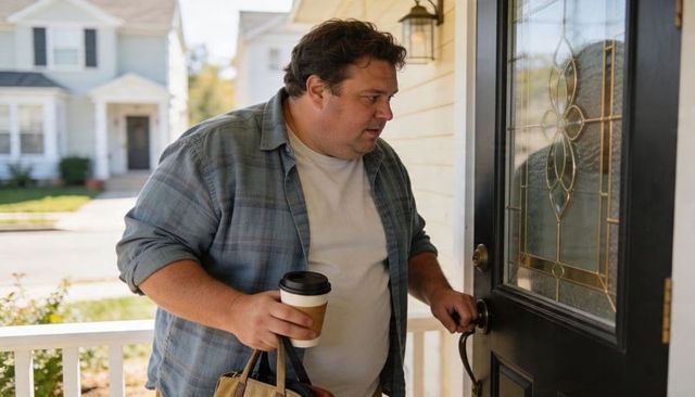 Man unlocking front door while holding coffee and tote on sunlit suburban porch