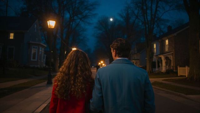 Ambling romance: couple strolling suburban street by moonlight