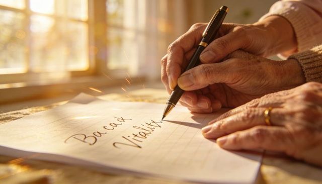 Sunlit Senior Hands Writing Balance and Vitality on Lined Paper for Wellness Journal