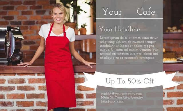 Smiling Barista in Red Apron Promoting Caf&eacute; Special Offers - Download Free Stock Templates Pikwizard.com